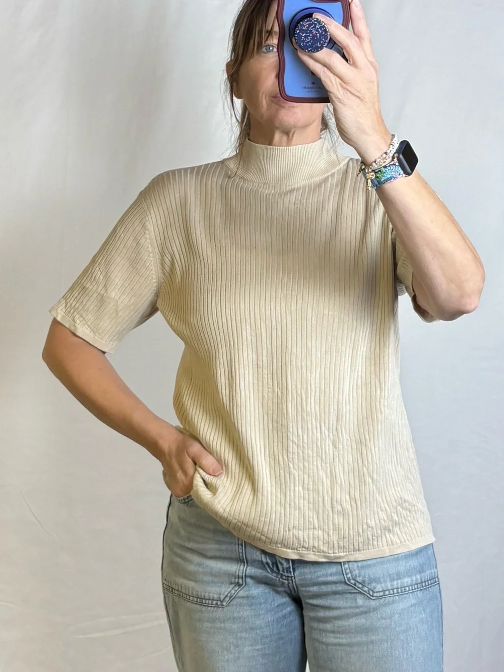 Liz Claiborne Ribbed Short-Sleeve Turtleneck Top in Cream